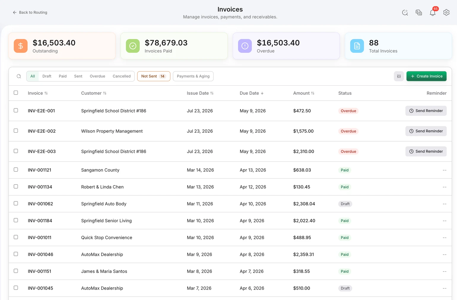 Bond4Waste invoices dashboard showing outstanding balances, paid and overdue totals, customer invoices, and payment status