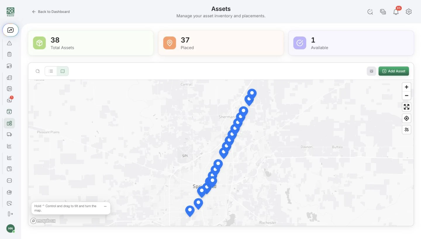 Bond4Waste asset map showing container placement locations and total, placed, and available inventory