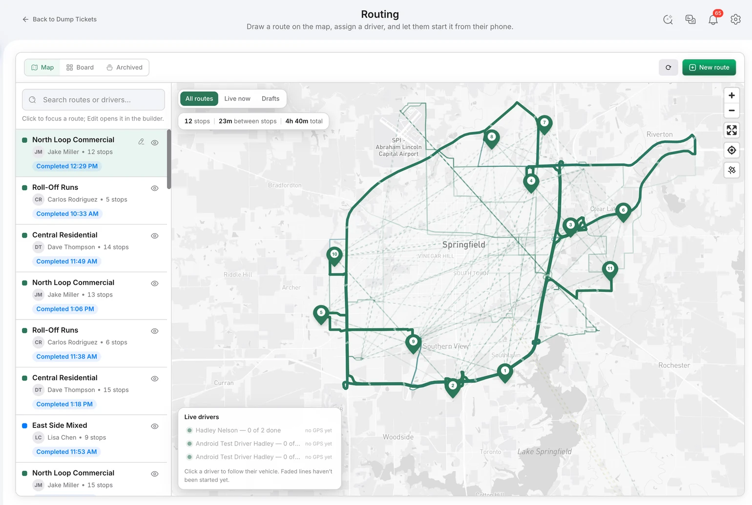 Bond4Waste routing map showing assigned drivers, numbered stops, route paths, and completion status