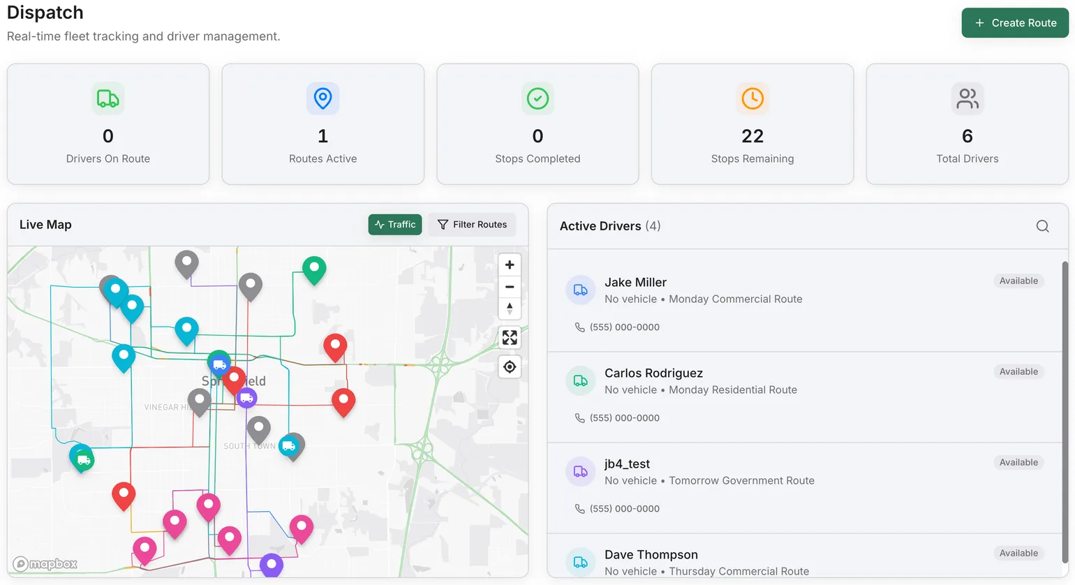 Real-time dispatch live map with active drivers and route tracking