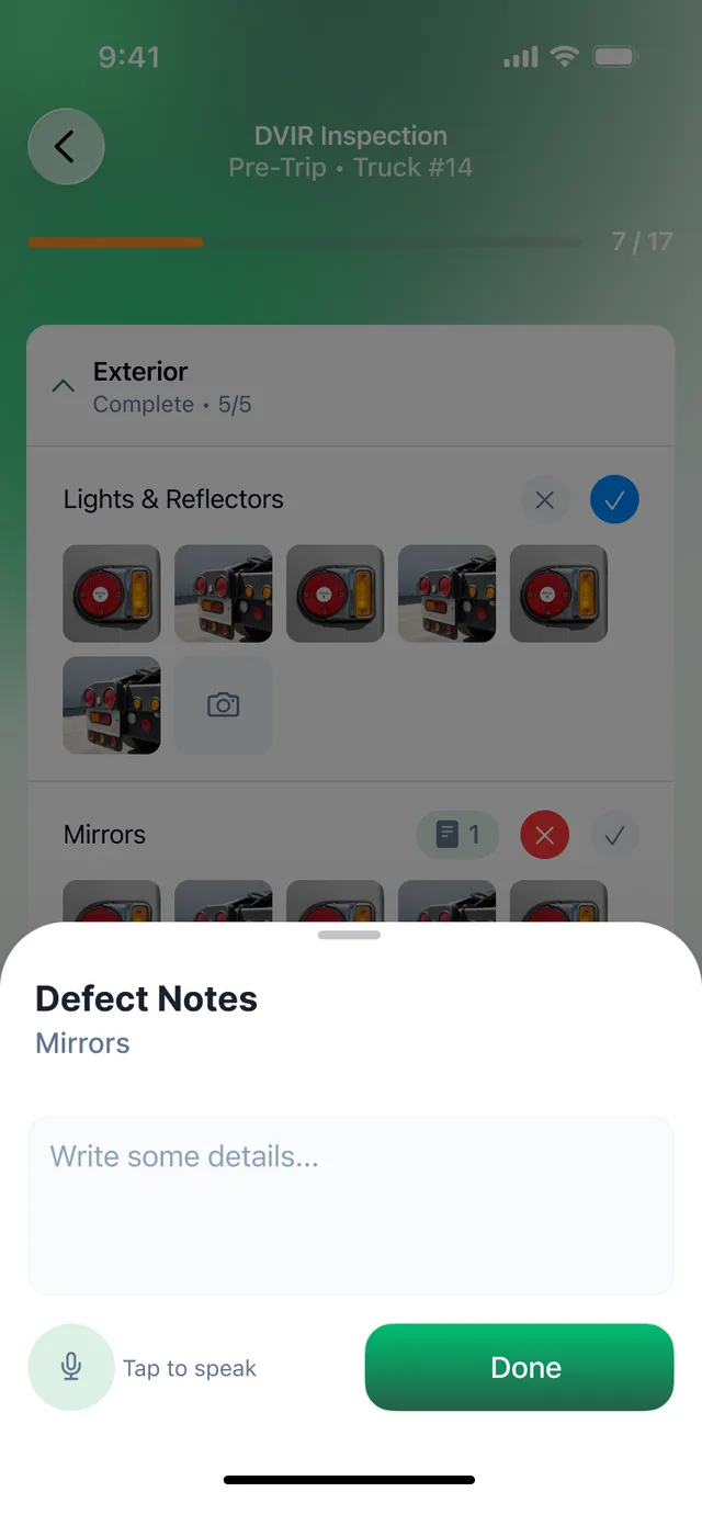 Driver app DVIR inspection with defect notes