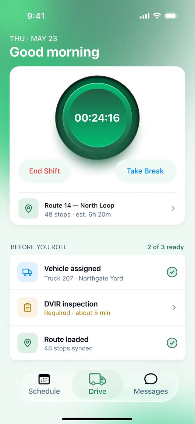 Driver app home with shift clock and before-you-roll checklist