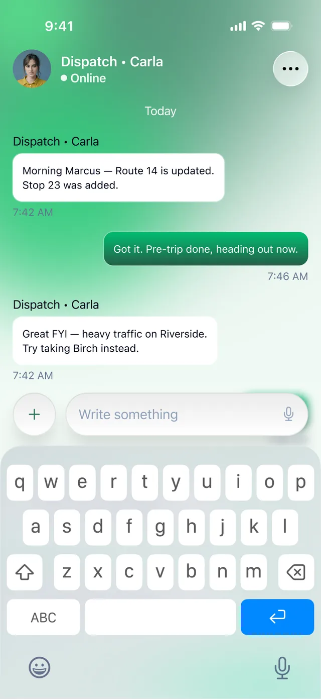 Driver app dispatch messaging thread