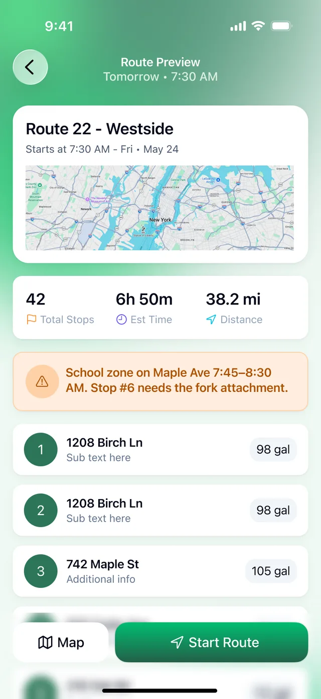 Driver app route preview with stops, distance, and start route
