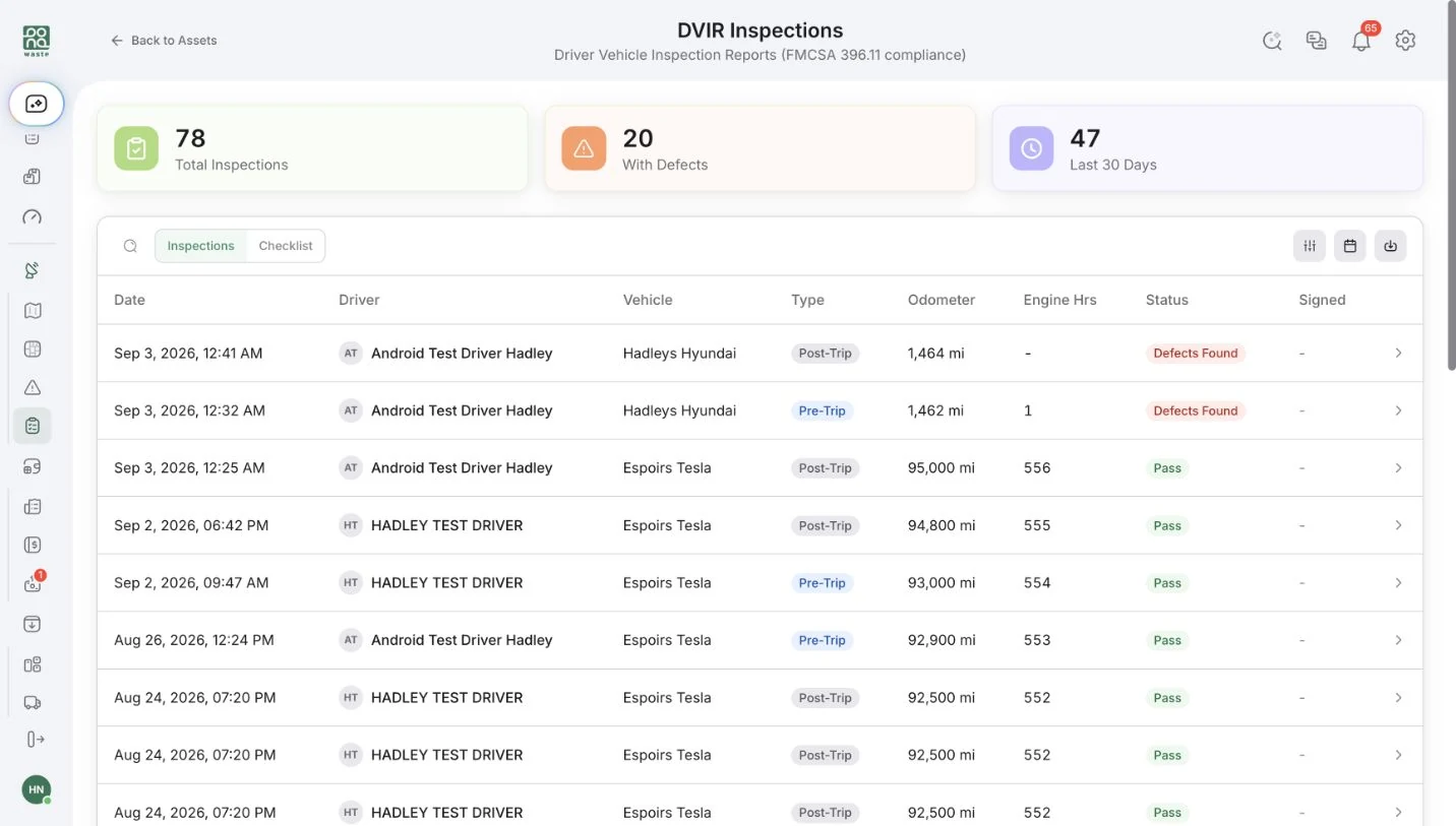 Bond4Waste digital vehicle inspection dashboard showing pre-trip and post-trip checks, odometer readings, and reported defects