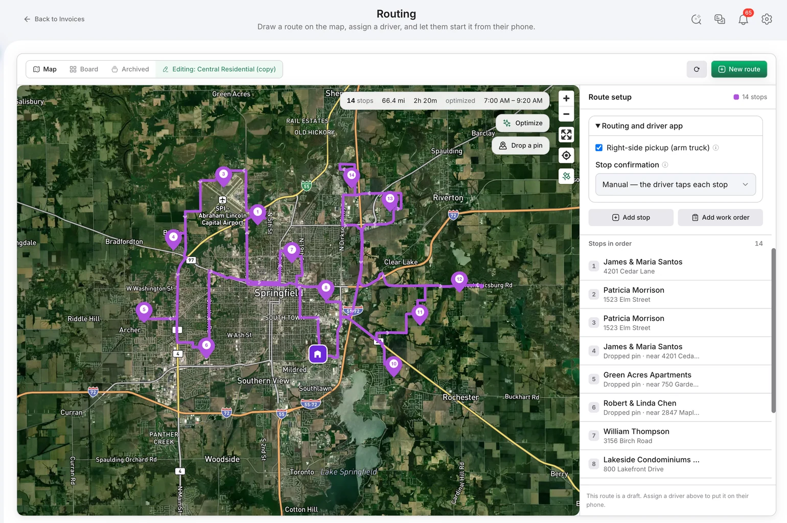 Bond4Waste route builder showing an optimized route with numbered stops, distance and time estimates, and route setup controls